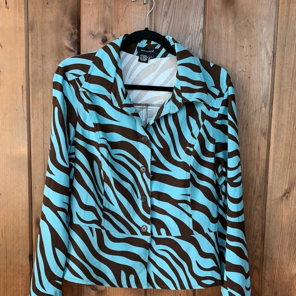Sandro Turquoise Brown Button Down Animal Print Western Jacket Shirt Sz Lg - Picture 1 of 6